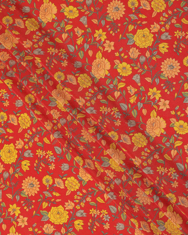 Red Yellow Floral Garden Printed Pure Silk Crepe Fabric Lightweight Soft Draping Dress Material 110 Cms Width India Origin-D28805 Regal Fabrics