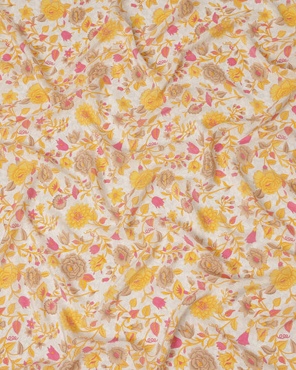 Cream Yellow Pink Floral Garden Printed Pure Silk Crepe Fabric Lightweight Soft Draping Dress Material 110 Cms Width India Origin-D28804 Regal Fabrics