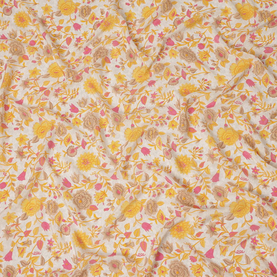 Cream Yellow Pink Floral Garden Printed Pure Silk Crepe Fabric Lightweight Soft Draping Dress Material 110 Cms Width India Origin-D28804 Regal Fabrics