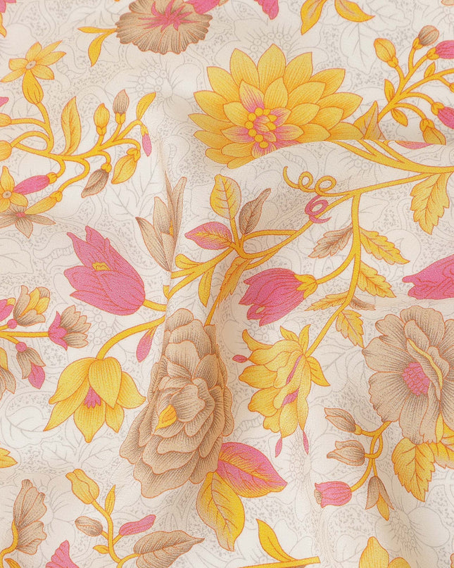 Cream Yellow Pink Floral Garden Printed Pure Silk Crepe Fabric Lightweight Soft Draping Dress Material 110 Cms Width India Origin-D28804 Regal Fabrics