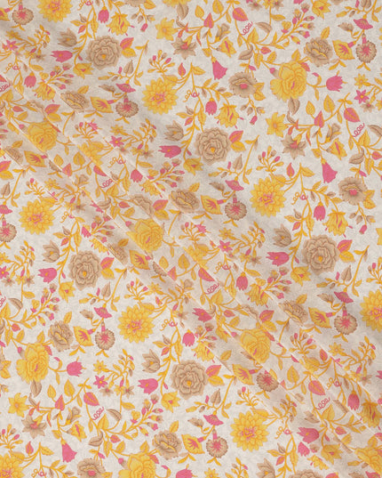 Cream Yellow Pink Floral Garden Printed Pure Silk Crepe Fabric Lightweight Soft Draping Dress Material 110 Cms Width India Origin-D28804 Regal Fabrics