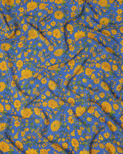 Blue Yellow Floral Garden Printed Pure Silk Crepe Fabric Lightweight Soft Draping Dress Material 110 Cms Width India Origin-D28806 Regal Fabrics