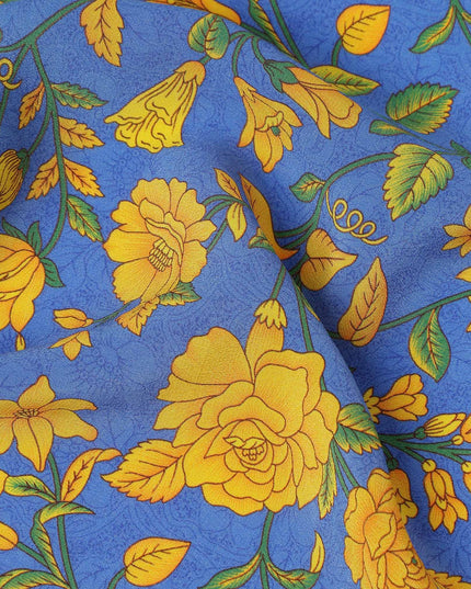 Blue Yellow Floral Garden Printed Pure Silk Crepe Fabric Lightweight Soft Draping Dress Material 110 Cms Width India Origin-D28806 Regal Fabrics