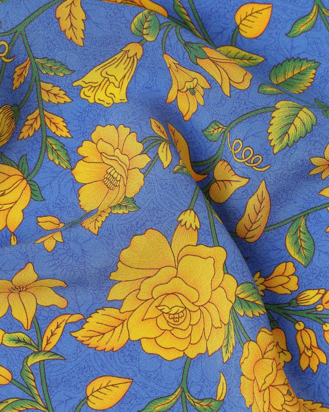 Blue Yellow Floral Garden Printed Pure Silk Crepe Fabric Lightweight Soft Draping Dress Material 110 Cms Width India Origin-D28806 Regal Fabrics