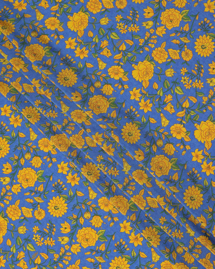Blue Yellow Floral Garden Printed Pure Silk Crepe Fabric Lightweight Soft Draping Dress Material 110 Cms Width India Origin-D28806 Regal Fabrics