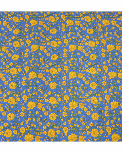 Blue Yellow Floral Garden Printed Pure Silk Crepe Fabric Lightweight Soft Draping Dress Material 110 Cms Width India Origin-D28806 Regal Fabrics