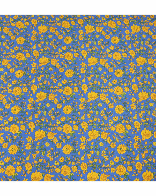Blue Yellow Floral Garden Printed Pure Silk Crepe Fabric Lightweight Soft Draping Dress Material 110 Cms Width India Origin-D28806 Regal Fabrics
