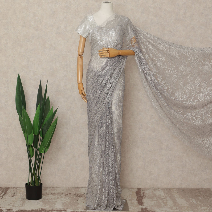 Lavender French Metallic Chantilly Lace Saree
