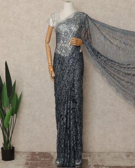 Steel Grey French Chantilly Saree Lace With Stone Work Elegant Floral Net Design 5.5 Mtrs Length 110 Cms Width Premium Soft Sheer Fabric France Origin-D28892 Regal Fabrics