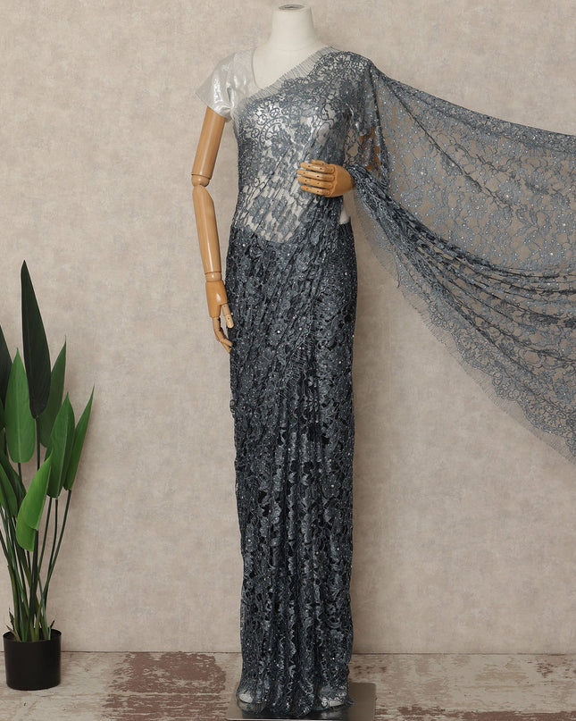 Steel Grey French Chantilly Saree Lace With Stone Work Elegant Floral Net Design 5.5 Mtrs Length 110 Cms Width Premium Soft Sheer Fabric France Origin-D28892 Regal Fabrics