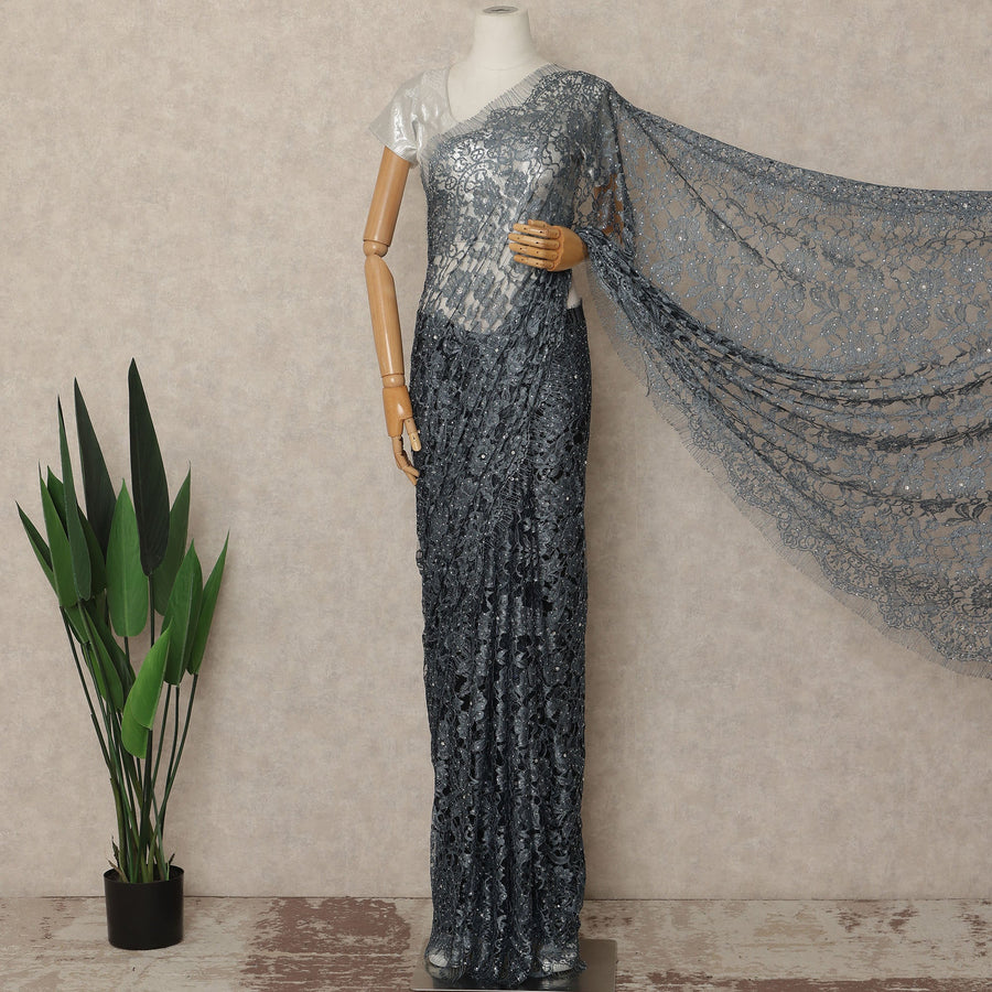 Steel Grey French Chantilly Saree Lace With Stone Work Elegant Floral Net Design 5.5 Mtrs Length 110 Cms Width Premium Soft Sheer Fabric France Origin-D28892 Regal Fabrics