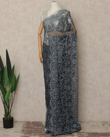 Steel Grey French Chantilly Saree Lace With Stone Work Elegant Floral Net Design 5.5 Mtrs Length 110 Cms Width Premium Soft Sheer Fabric France Origin-D28892 Regal Fabrics