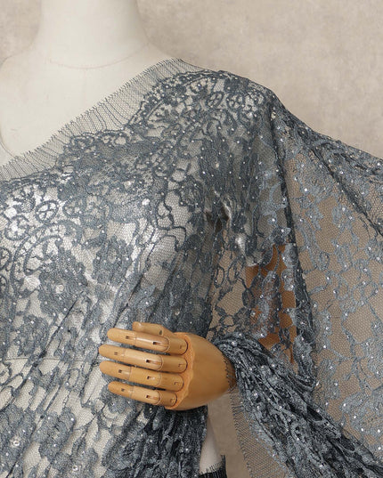 Steel Grey French Chantilly Saree Lace With Stone Work Elegant Floral Net Design 5.5 Mtrs Length 110 Cms Width Premium Soft Sheer Fabric France Origin-D28892 Regal Fabrics