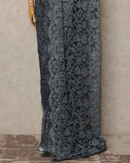 Steel Grey French Chantilly Saree Lace With Stone Work Elegant Floral Net Design 5.5 Mtrs Length 110 Cms Width Premium Soft Sheer Fabric France Origin-D28892 Regal Fabrics