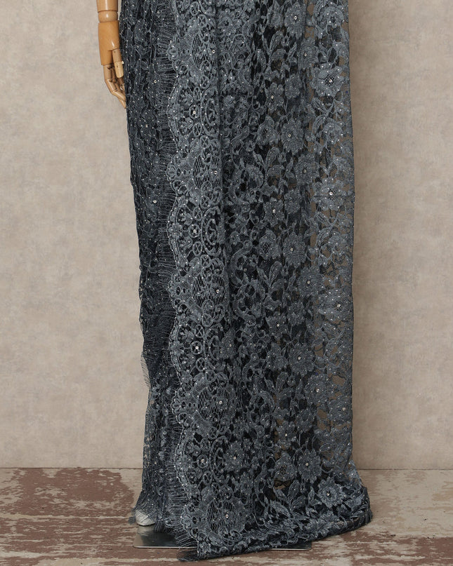 Steel Grey French Chantilly Saree Lace With Stone Work Elegant Floral Net Design 5.5 Mtrs Length 110 Cms Width Premium Soft Sheer Fabric France Origin-D28892 Regal Fabrics