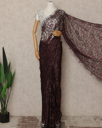 Wine Burgundy French Chantilly Saree Lace With Stone Work Elegant Floral Net Design 5.5 Mtrs Length 110 Cms Width Premium Soft Sheer Fabric France Origin-D28888 Regal Fabrics