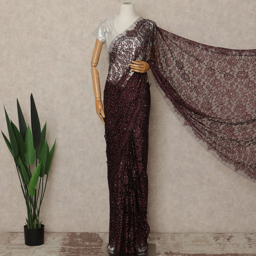 Wine Burgundy French Chantilly Saree Lace With Stone Work Elegant Floral Net Design 5.5 Mtrs Length 110 Cms Width Premium Soft Sheer Fabric France Origin-D28888 Regal Fabrics