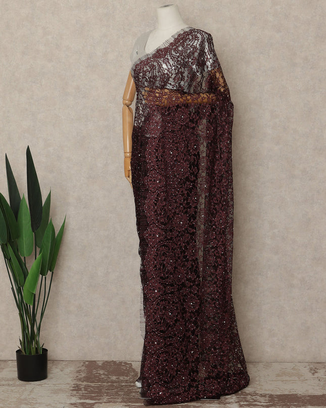 Wine Burgundy French Chantilly Saree Lace With Stone Work Elegant Floral Net Design 5.5 Mtrs Length 110 Cms Width Premium Soft Sheer Fabric France Origin-D28888 Regal Fabrics