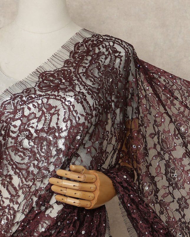 Wine Burgundy French Chantilly Saree Lace With Stone Work Elegant Floral Net Design 5.5 Mtrs Length 110 Cms Width Premium Soft Sheer Fabric France Origin-D28888 Regal Fabrics