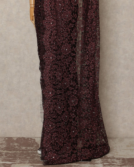 Wine Burgundy French Chantilly Saree Lace With Stone Work Elegant Floral Net Design 5.5 Mtrs Length 110 Cms Width Premium Soft Sheer Fabric France Origin-D28888 Regal Fabrics