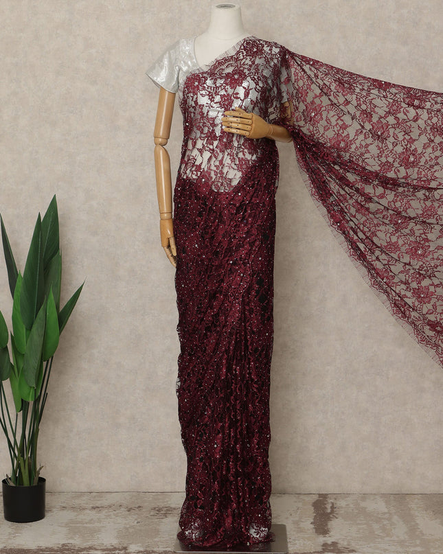 Deep Wine Red Premium French Chantilly Saree Lace With Stone Work 5.5 Mtrs Length 110 Cms Width Designer Net Fabric Made In France, Blouse Not Included-D28109
