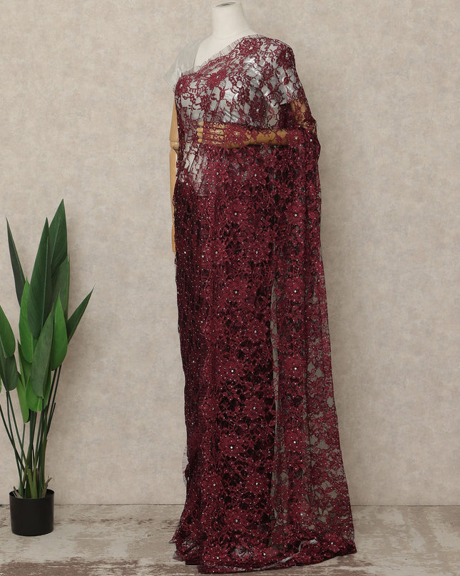 Deep Wine Red Premium French Chantilly Saree Lace With Stone Work 5.5 Mtrs Length 110 Cms Width Designer Net Fabric Made In France, Blouse Not Included-D28109