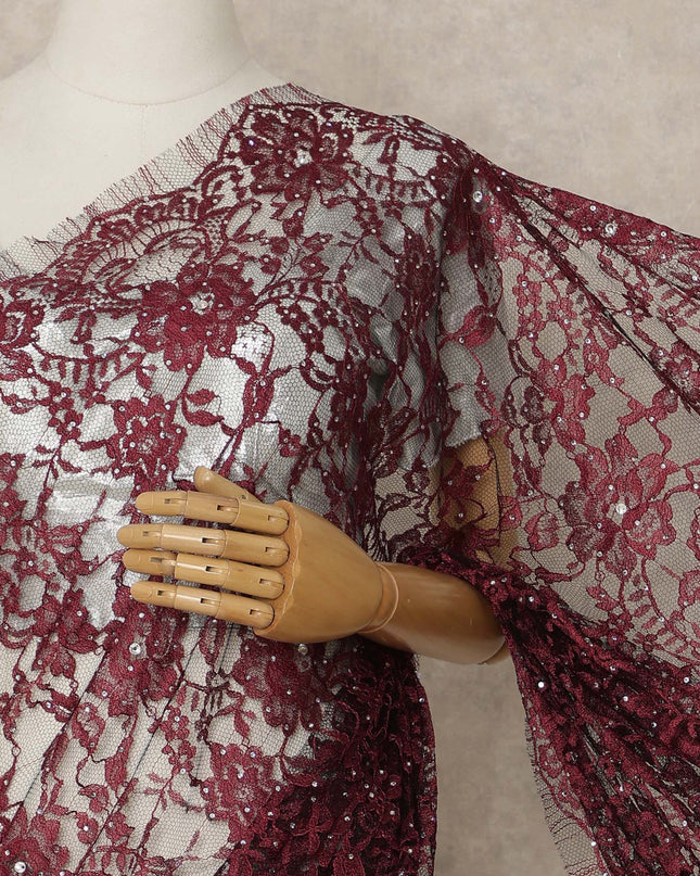 Deep Wine Red Premium French Chantilly Saree Lace With Stone Work 5.5 Mtrs Length 110 Cms Width Designer Net Fabric Made In France, Blouse Not Included-D28109
