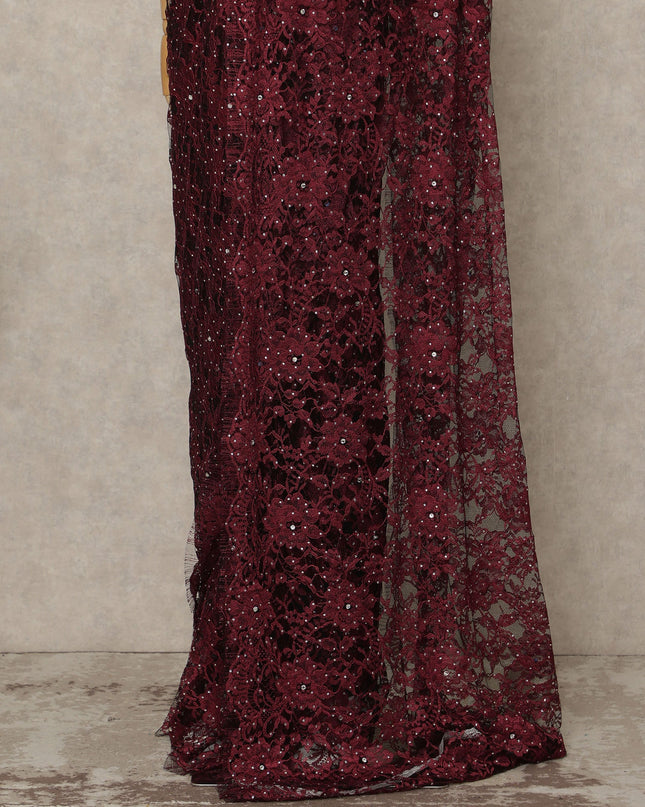 Deep Wine Red Premium French Chantilly Saree Lace With Stone Work 5.5 Mtrs Length 110 Cms Width Designer Net Fabric Made In France, Blouse Not Included-D28109