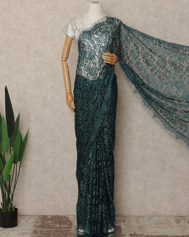 Teal Green French Chantilly Saree Lace With Stone Work Elegant Floral Net Design 5.5 Mtrs Length 110 Cms Width Premium Soft Sheer Fabric France Origin-D28896 Regal Fabrics