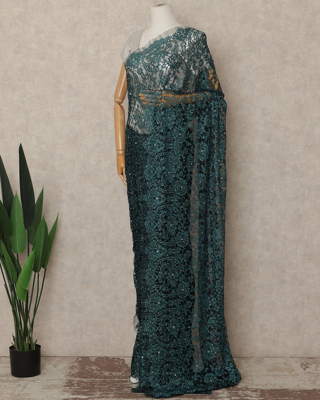 Teal Green French Chantilly Saree Lace With Stone Work Elegant Floral Net Design 5.5 Mtrs Length 110 Cms Width Premium Soft Sheer Fabric France Origin-D28896 Regal Fabrics