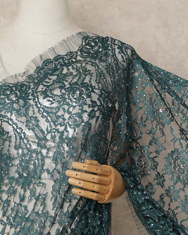 Teal Green French Chantilly Saree Lace With Stone Work Elegant Floral Net Design 5.5 Mtrs Length 110 Cms Width Premium Soft Sheer Fabric France Origin-D28896 Regal Fabrics