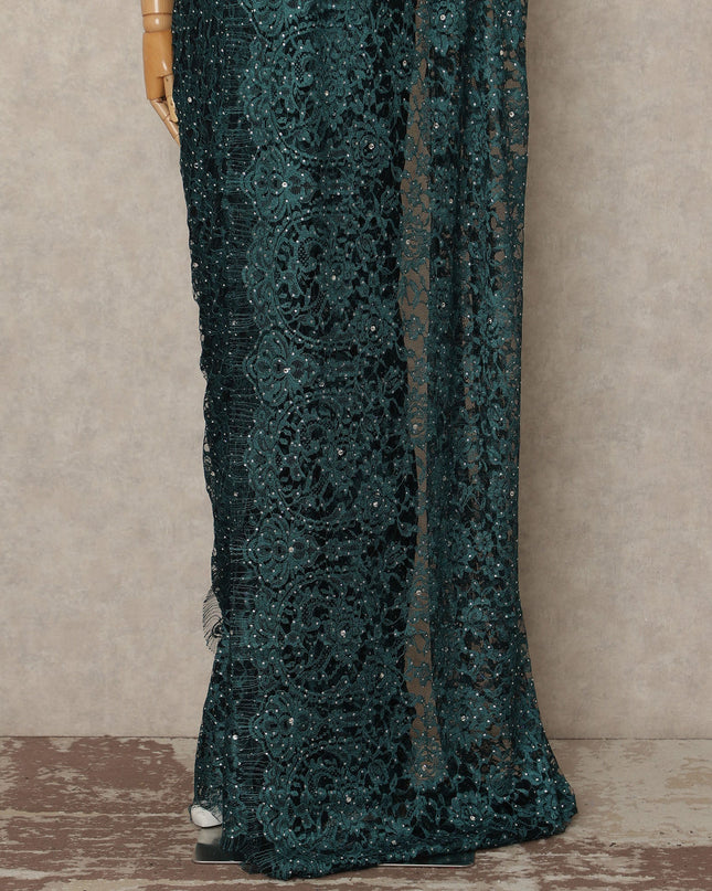 Teal Green French Chantilly Saree Lace With Stone Work Elegant Floral Net Design 5.5 Mtrs Length 110 Cms Width Premium Soft Sheer Fabric France Origin-D28896 Regal Fabrics
