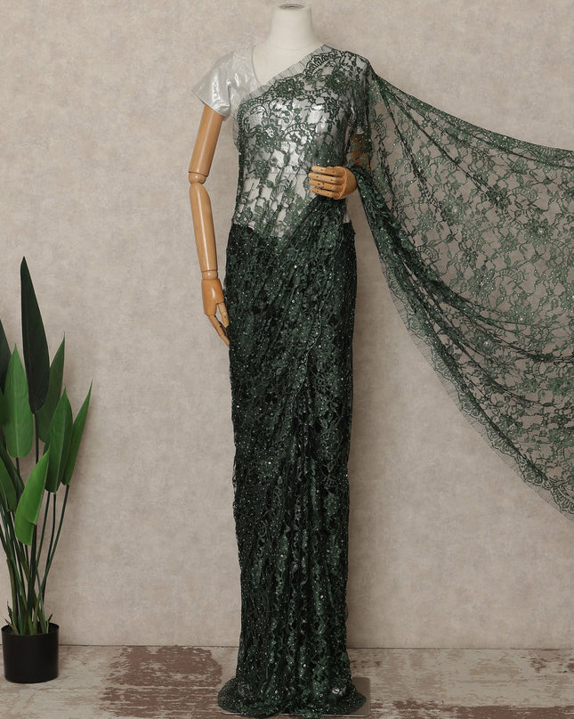 Forest Green French Chantilly Saree Lace With Stone Work Elegant Floral Net Design 5.5 Mtrs Length 110 Cms Width Premium Soft Sheer Fabric France Origin-D28893 Regal Fabrics