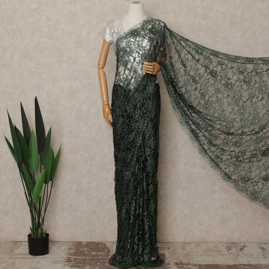 Forest Green French Chantilly Saree Lace With Stone Work Elegant Floral Net Design 5.5 Mtrs Length 110 Cms Width Premium Soft Sheer Fabric France Origin-D28893 Regal Fabrics
