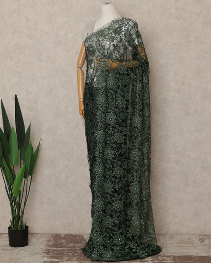 Forest Green French Chantilly Saree Lace With Stone Work Elegant Floral Net Design 5.5 Mtrs Length 110 Cms Width Premium Soft Sheer Fabric France Origin-D28893 Regal Fabrics