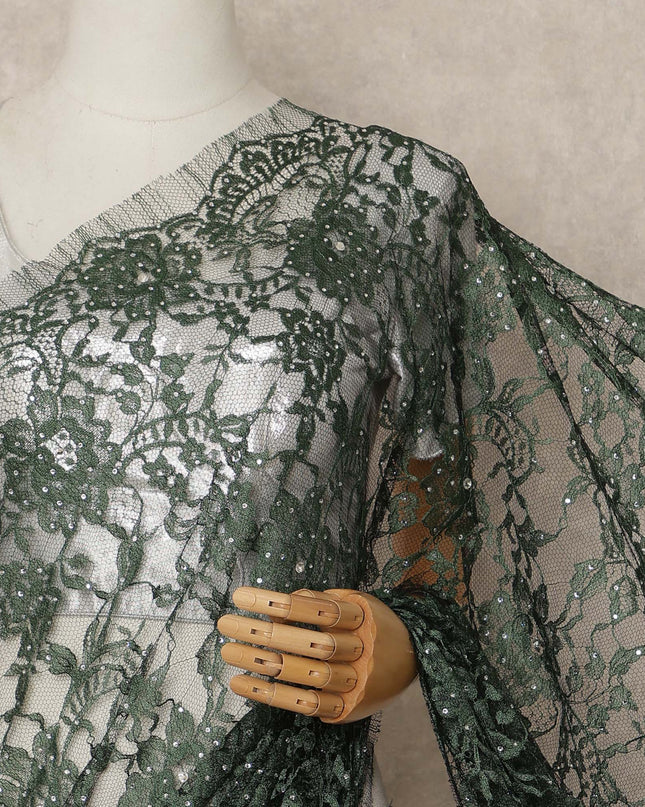 Forest Green French Chantilly Saree Lace With Stone Work Elegant Floral Net Design 5.5 Mtrs Length 110 Cms Width Premium Soft Sheer Fabric France Origin-D28893 Regal Fabrics
