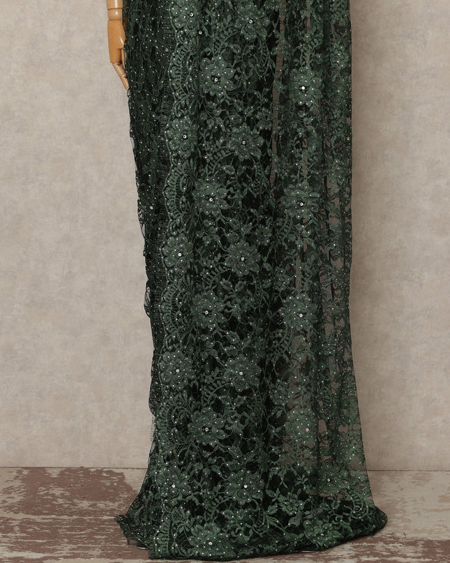Forest Green French Chantilly Saree Lace With Stone Work Elegant Floral Net Design 5.5 Mtrs Length 110 Cms Width Premium Soft Sheer Fabric France Origin-D28893 Regal Fabrics
