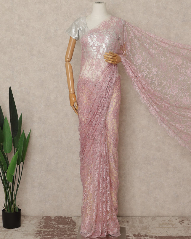 Blush Pink Outline Metallic French Chantilly Saree Lace With Stone Work Elegant Floral Net Design 5.5 Mtrs Length 110 Cms Width Premium Soft Sheer Fabric France Origin-D28900 Regal Fabrics