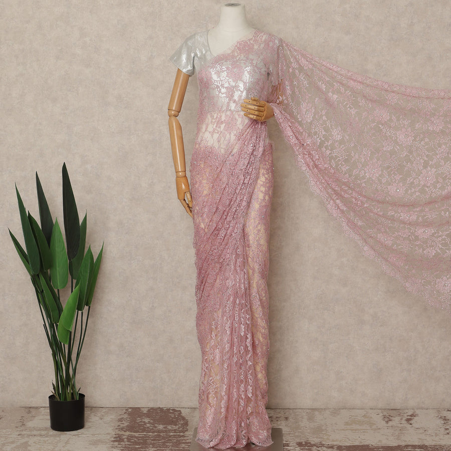 Blush Pink Outline Metallic French Chantilly Saree Lace With Stone Work Elegant Floral Net Design 5.5 Mtrs Length 110 Cms Width Premium Soft Sheer Fabric France Origin-D28900 Regal Fabrics