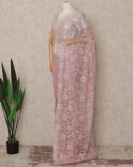 Blush Pink Outline Metallic French Chantilly Saree Lace With Stone Work Elegant Floral Net Design 5.5 Mtrs Length 110 Cms Width Premium Soft Sheer Fabric France Origin-D28900 Regal Fabrics