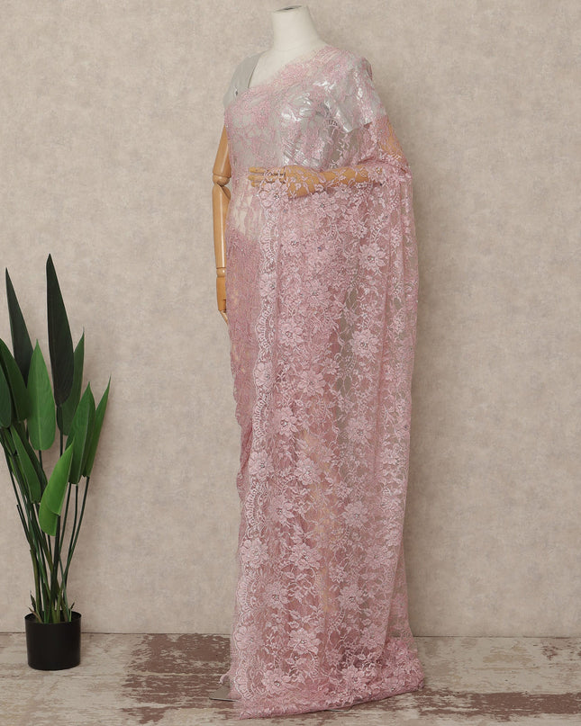 Blush Pink Outline Metallic French Chantilly Saree Lace With Stone Work Elegant Floral Net Design 5.5 Mtrs Length 110 Cms Width Premium Soft Sheer Fabric France Origin-D28900 Regal Fabrics