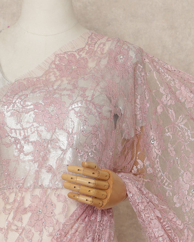 Blush Pink Outline Metallic French Chantilly Saree Lace With Stone Work Elegant Floral Net Design 5.5 Mtrs Length 110 Cms Width Premium Soft Sheer Fabric France Origin-D28900 Regal Fabrics