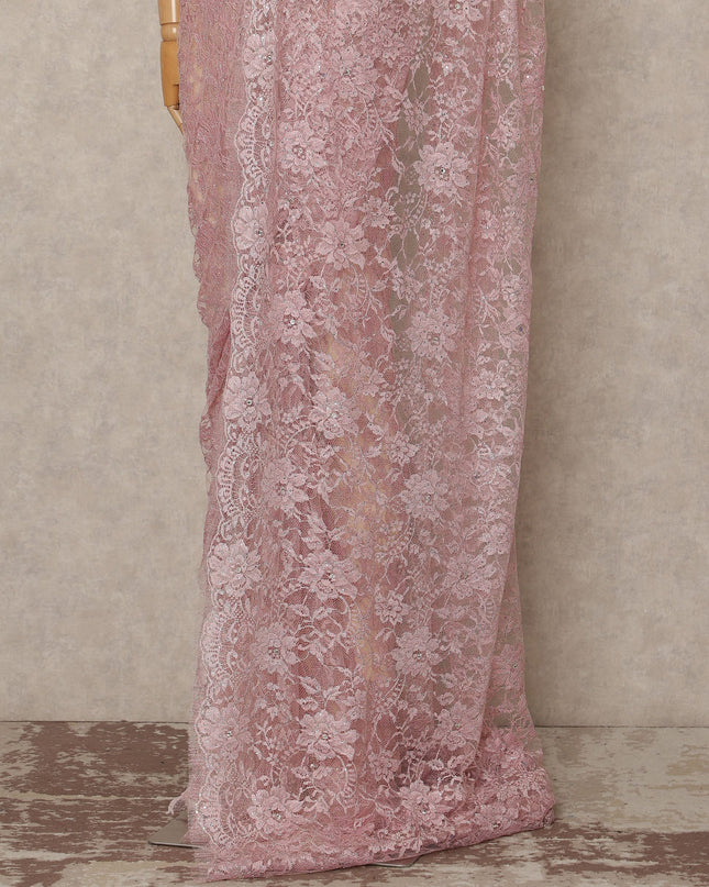 Blush Pink Outline Metallic French Chantilly Saree Lace With Stone Work Elegant Floral Net Design 5.5 Mtrs Length 110 Cms Width Premium Soft Sheer Fabric France Origin-D28900 Regal Fabrics