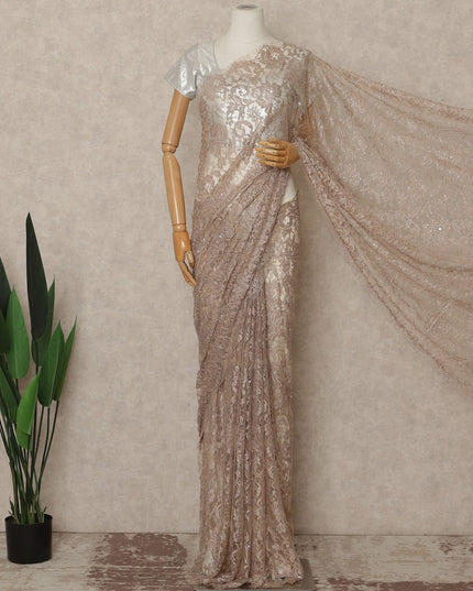 Champagne Beige Outline Metallic French Chantilly Saree Lace With Stone Work Elegant Floral Net Design 5.5 Mtrs Length 110 Cms Width Premium Soft Sheer Fabric France Origin-D28898 Regal Fabrics
