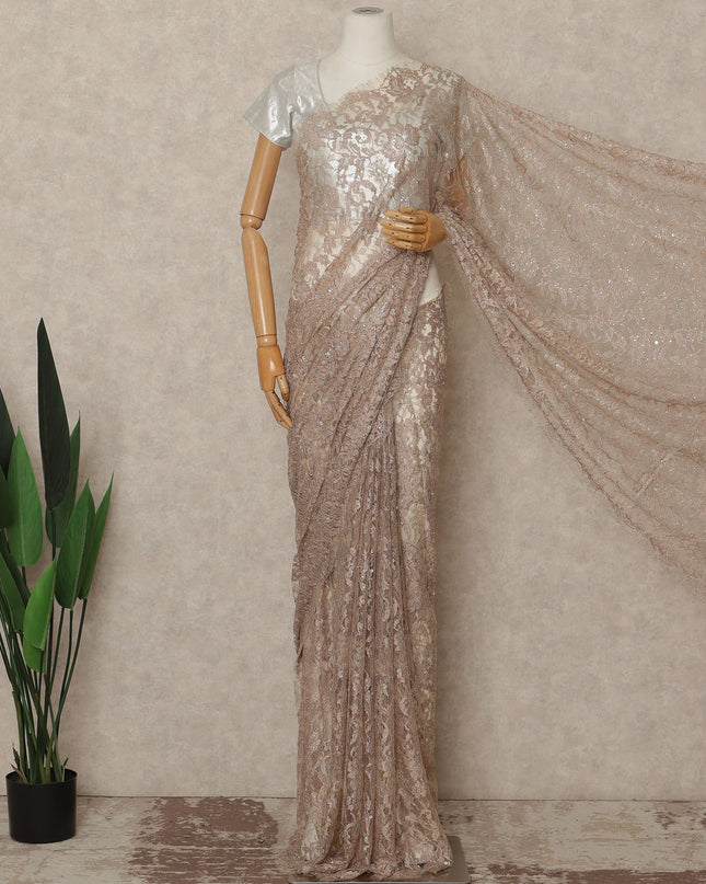 Champagne Beige Outline Metallic French Chantilly Saree Lace With Stone Work Elegant Floral Net Design 5.5 Mtrs Length 110 Cms Width Premium Soft Sheer Fabric France Origin-D28898 Regal Fabrics