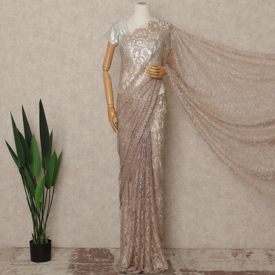 Champagne Beige Outline Metallic French Chantilly Saree Lace With Stone Work Elegant Floral Net Design 5.5 Mtrs Length 110 Cms Width Premium Soft Sheer Fabric France Origin-D28898 Regal Fabrics