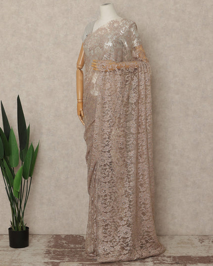 Champagne Beige Outline Metallic French Chantilly Saree Lace With Stone Work Elegant Floral Net Design 5.5 Mtrs Length 110 Cms Width Premium Soft Sheer Fabric France Origin-D28898 Regal Fabrics
