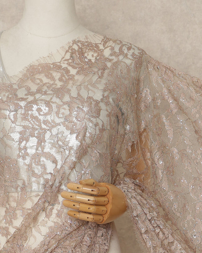 Champagne Beige Outline Metallic French Chantilly Saree Lace With Stone Work Elegant Floral Net Design 5.5 Mtrs Length 110 Cms Width Premium Soft Sheer Fabric France Origin-D28898 Regal Fabrics