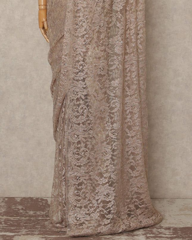 Champagne Beige Outline Metallic French Chantilly Saree Lace With Stone Work Elegant Floral Net Design 5.5 Mtrs Length 110 Cms Width Premium Soft Sheer Fabric France Origin-D28898 Regal Fabrics