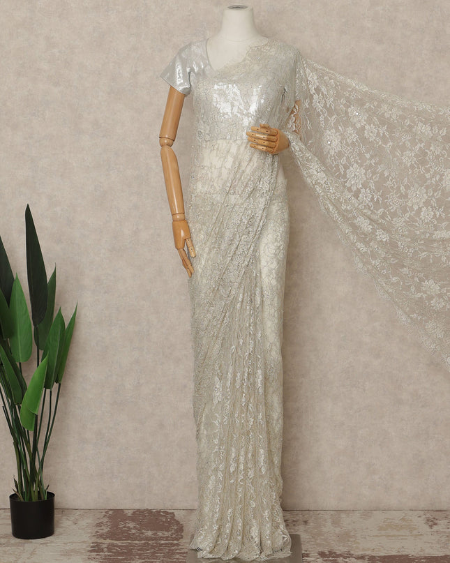 Ivory Off White Outline Metallic French Chantilly Saree Lace With Stone Work Elegant Floral Net Design 5.5 Mtrs Length 110 Cms Width Premium Soft Sheer Fabric France Origin-D28901 Regal Fabrics